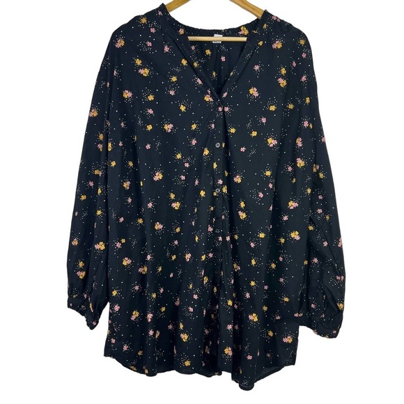 Old Navy 4X Long Sleeve Button Up Blouse Black w/ Tiny Little Flowers - Picture 1 of 7